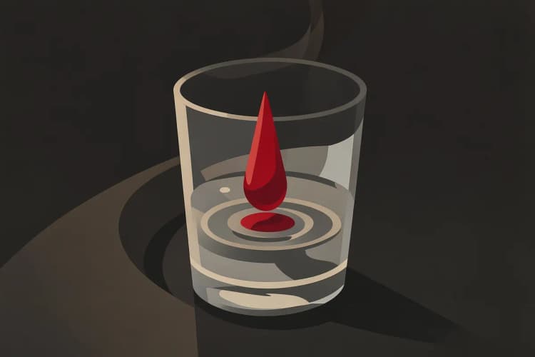 Close-up de uma gota de sangue caindo em um copo d'água, simbolizando sangramento gengival.