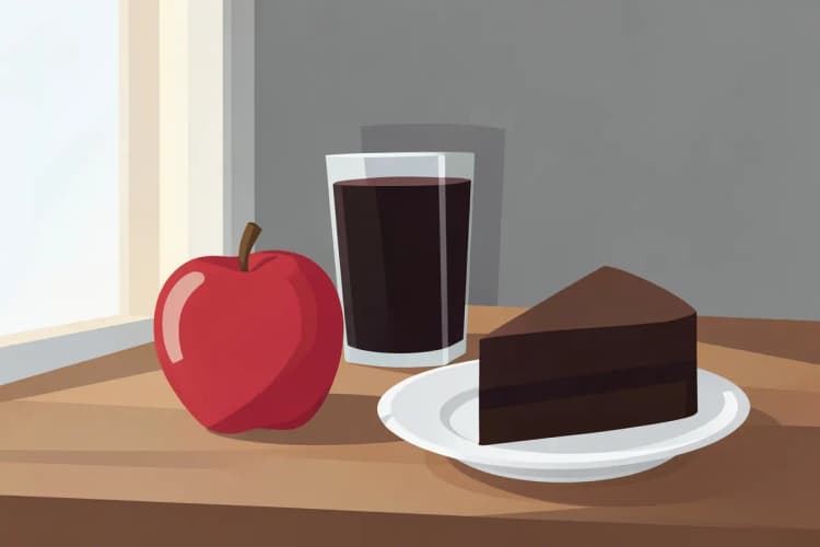 Uma maçã mordida ao lado de um copo de refrigerante e um pedaço de bolo em uma mesa.