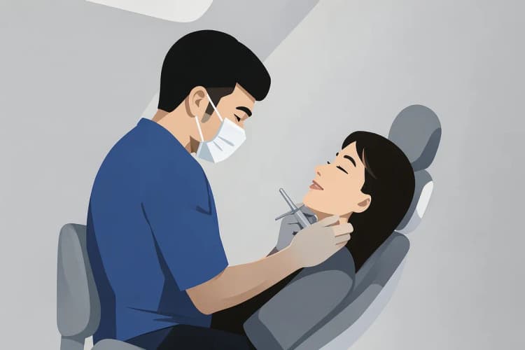 Um dentista examinando um paciente em uma cadeira odontológica moderna com equipamentos.