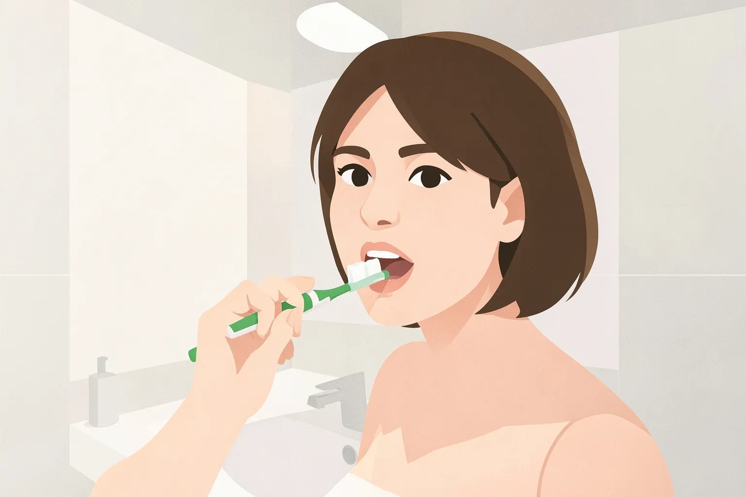 Mulher escovando os dentes com creme dental em uma pia de banheiro, com uma escova de dentes verde e branca em close-up.