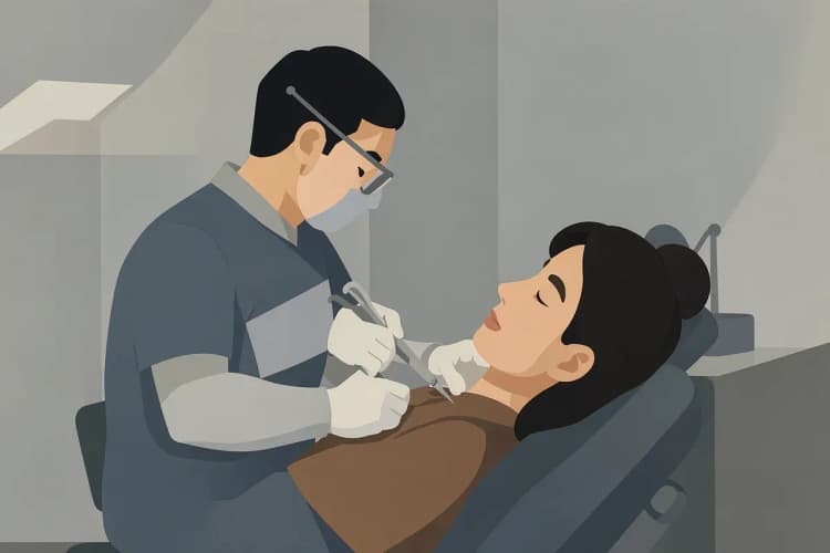 Odontologista usando instrumentos para realizar o tratamento de canal em um paciente.