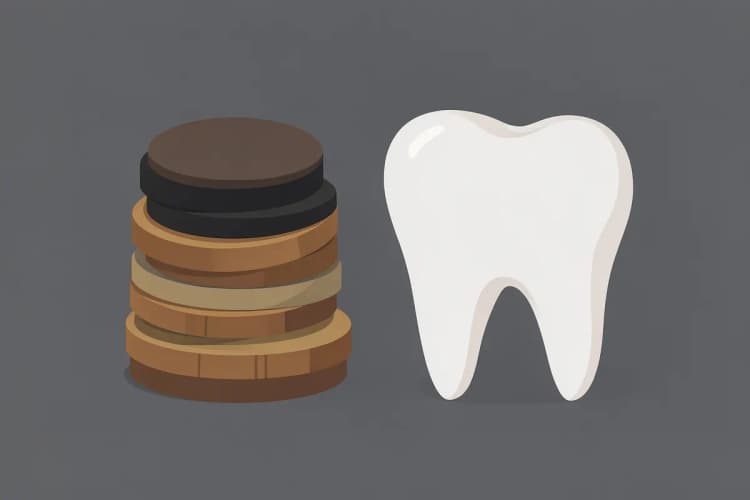 Moedas e notas de dinheiro empilhadas ao lado de um modelo de dente.