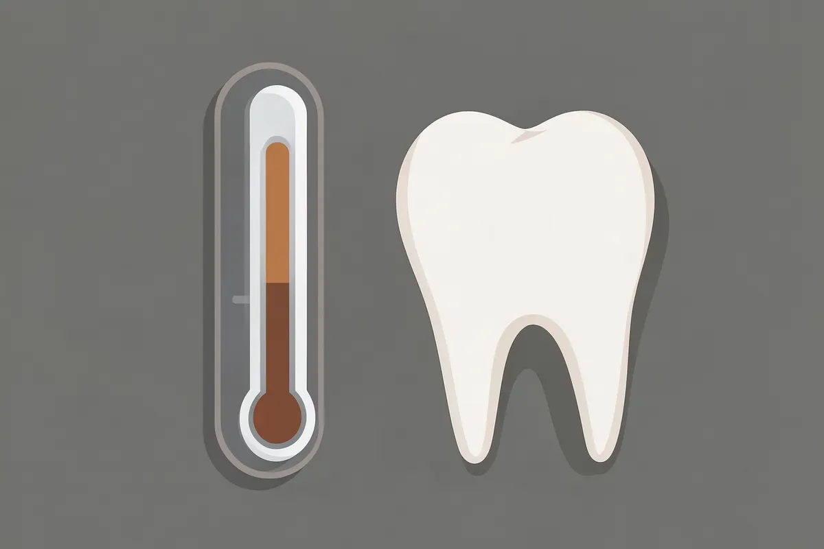 Termômetro digital mostrando alta temperatura ao lado de um dente.