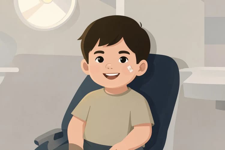 Criança sorrindo com um curativo no dente, sentada em uma cadeira de dentista.