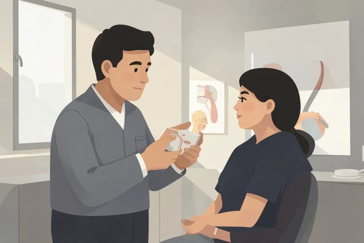Odontologista instruindo um paciente sobre cuidados pós-tratamento de canal.
