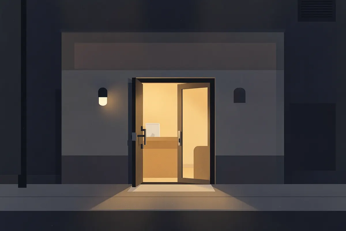 Fachada de uma clínica odontológica com a porta aberta e iluminação interna.