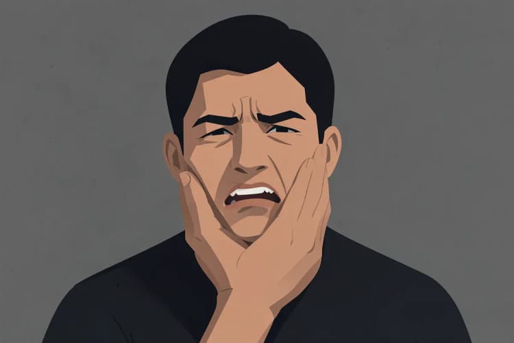 Um paciente com dor de dente, segurando a bochecha com expressão de sofrimento