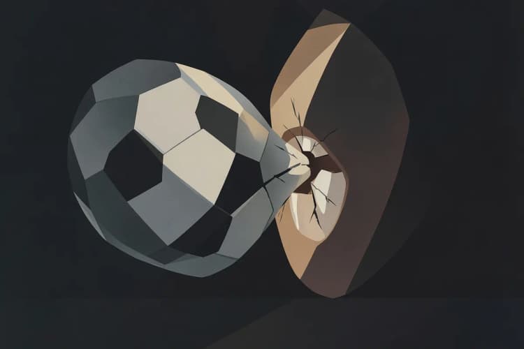 Uma bola de futebol batendo com força em um dente da frente, causando a fratura