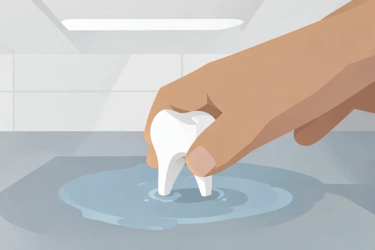 Mão segurando um pedaço de dente quebrado sob água corrente limpa