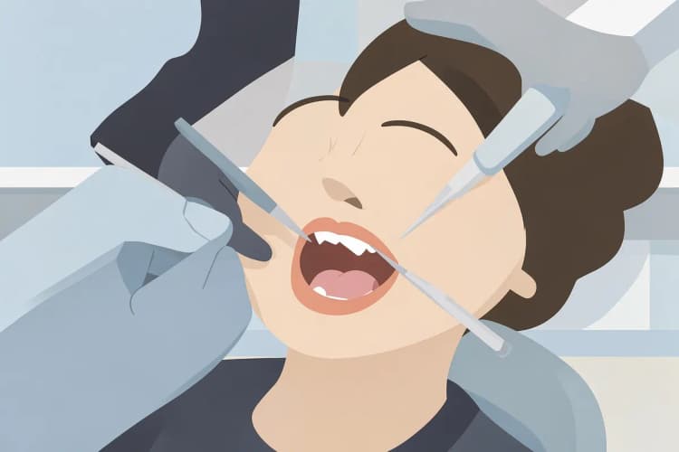 Dentista examinando um dente quebrado com instrumentos odontológicos