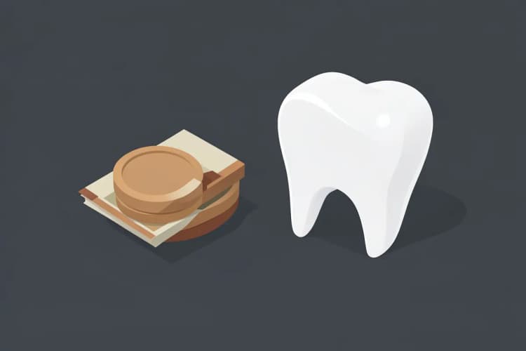 Moedas e notas de dinheiro empilhadas ao lado de um modelo de dente branco