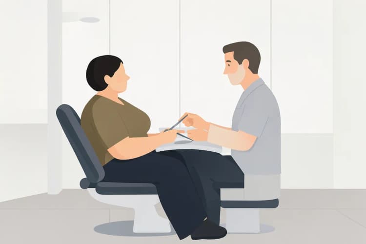 Paciente sentado em uma cadeira de dentista, conversando com o dentista