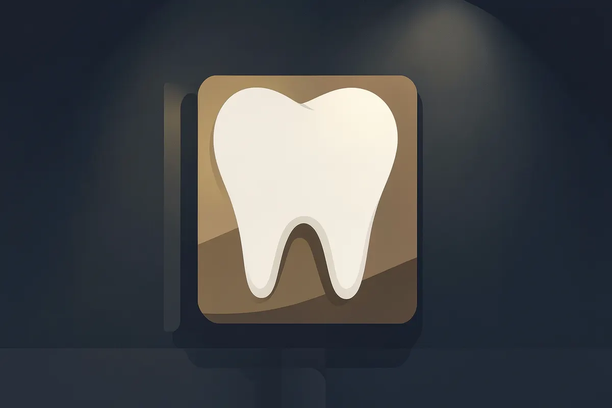 Placa de atendimento odontológico 24 horas com um símbolo de dente sorrindo