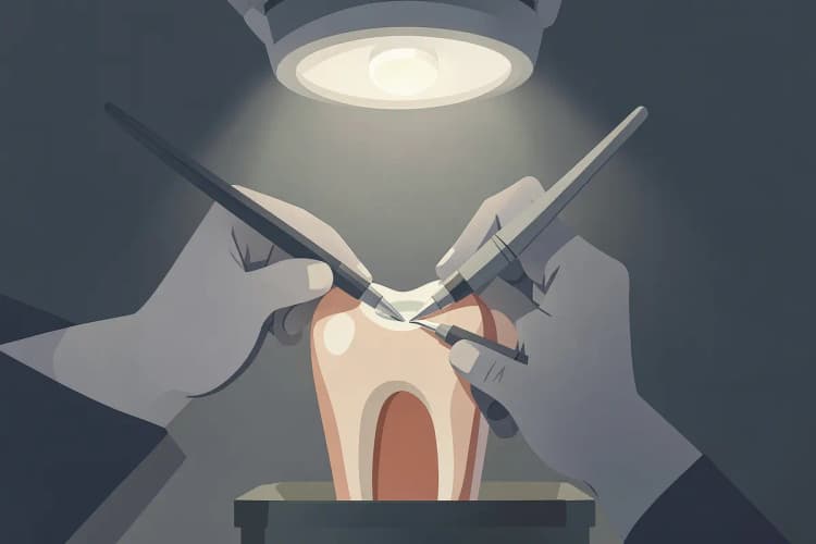 Ilustração de um dente sendo tratado com instrumentos odontológicos para remover a polpa infectada