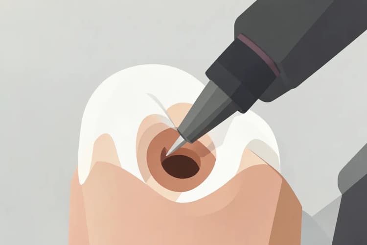Odontologista utilizando broca para limpar o canal de um dente em procedimento