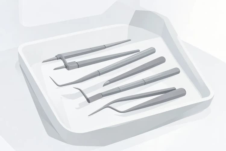 Instrumentos odontológicos organizados em uma bandeja para tratamento de canal