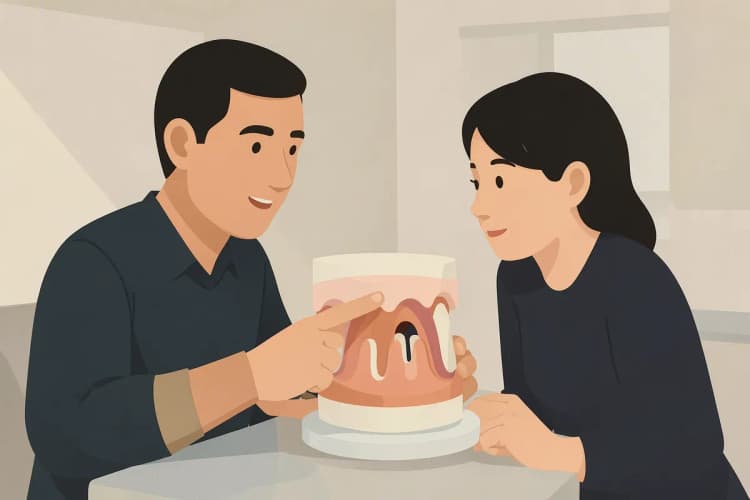 Dentista explicando o procedimento de tratamento de canal para um paciente