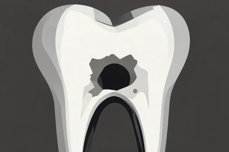 Close-up de um dente com cárie avançada, necessitando de tratamento de canal