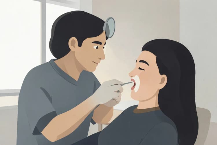 Um dentista examinando um dente com um espelho e uma sonda.