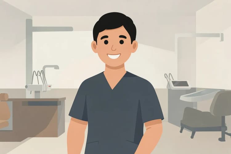 Um dentista sorrindo em um consultório odontológico moderno.
