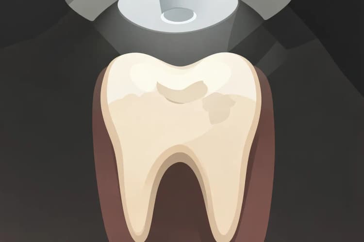 Um dente com cárie sendo preparado para tratamento.