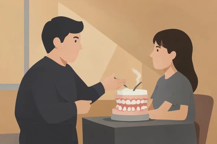 Um dentista explicando o procedimento de canal para um paciente.