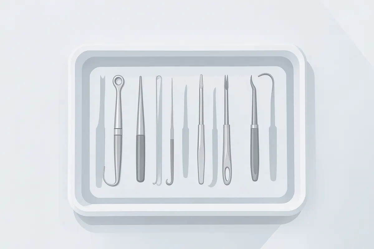 Instrumentos odontológicos organizados em uma bandeja.
