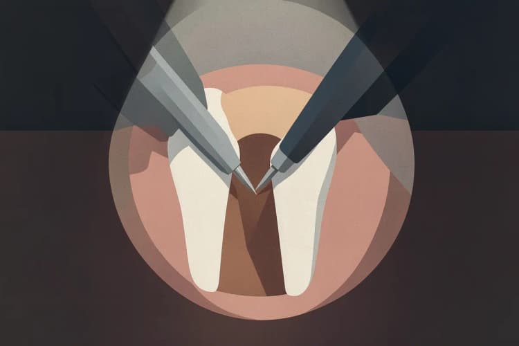 Um close-up de um dente sendo tratado com instrumentos finos.