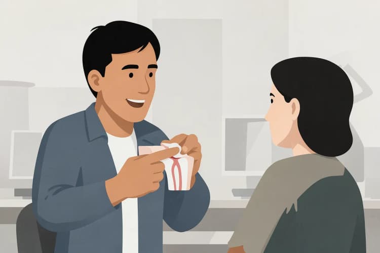 Um dentista mostrando um modelo de dente para um paciente.