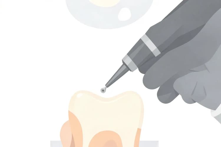 Um close-up de um instrumento odontológico sendo usado em um dente.