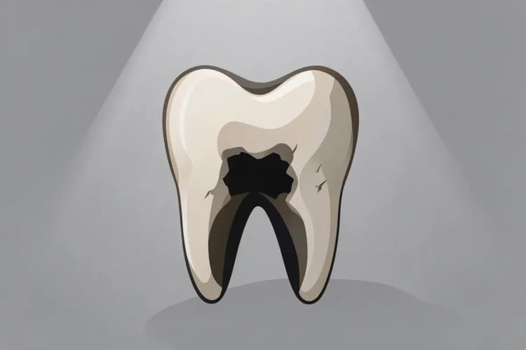 Um dente com uma cárie profunda, visto de perto.