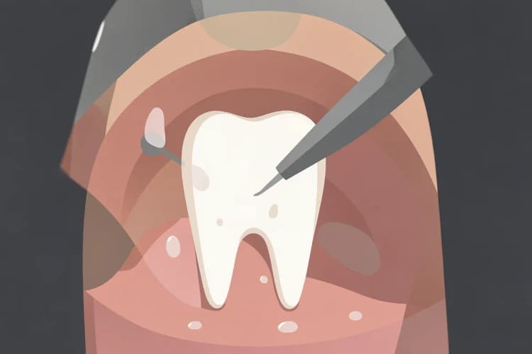 Um close-up de um dente sendo tratado por um dentista.