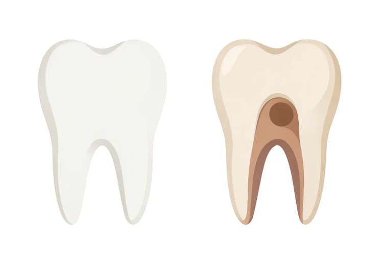 Um dente saudável e um dente com tratamento de canal, lado a lado.