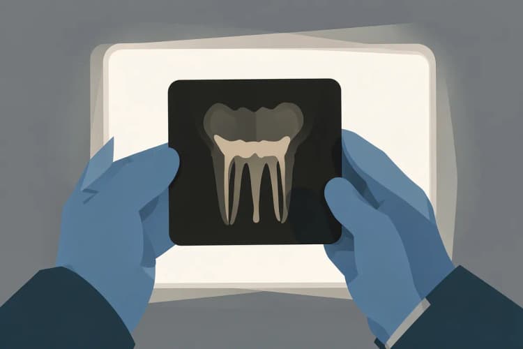 Um dentista examinando um raio-x de um dente.
