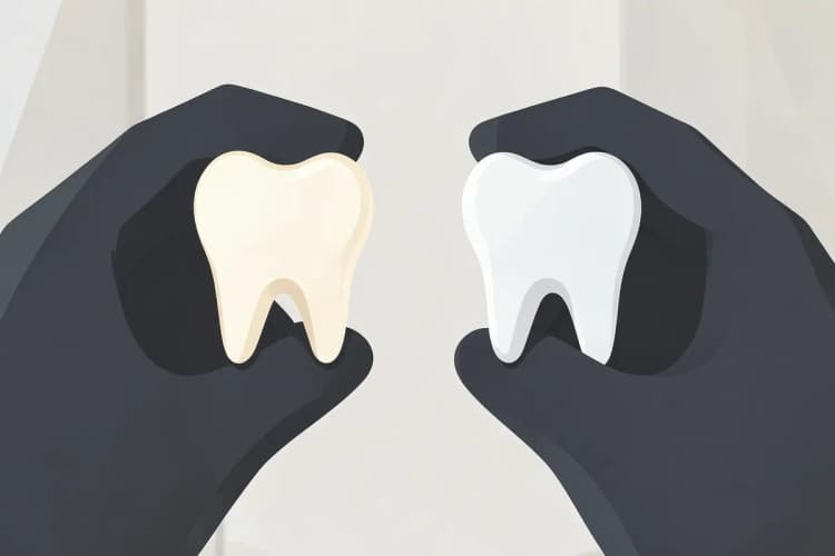 Um dentista segurando um dente extraído e um dente com tratamento de canal.