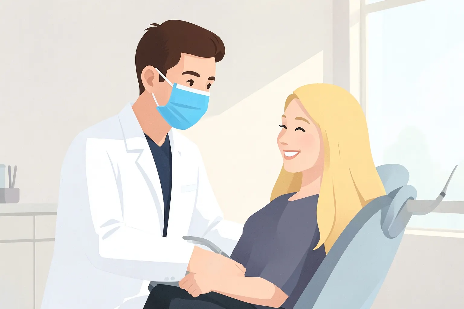 Um dentista sorrindo, com um paciente sorrindo de volta, em um consultório odontológico.