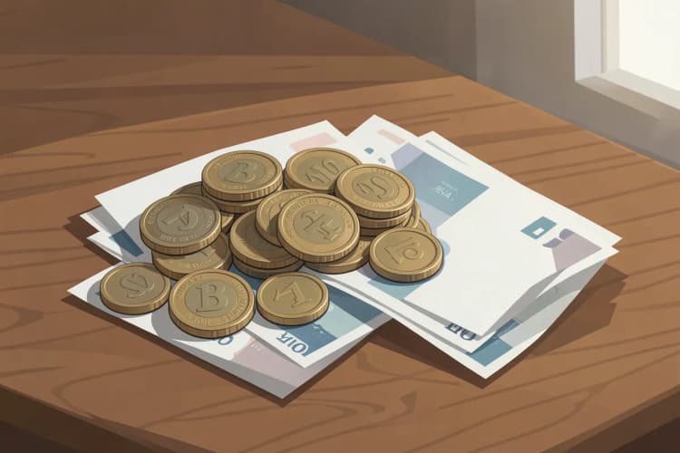 Moedas e notas de dinheiro em cima de uma mesa