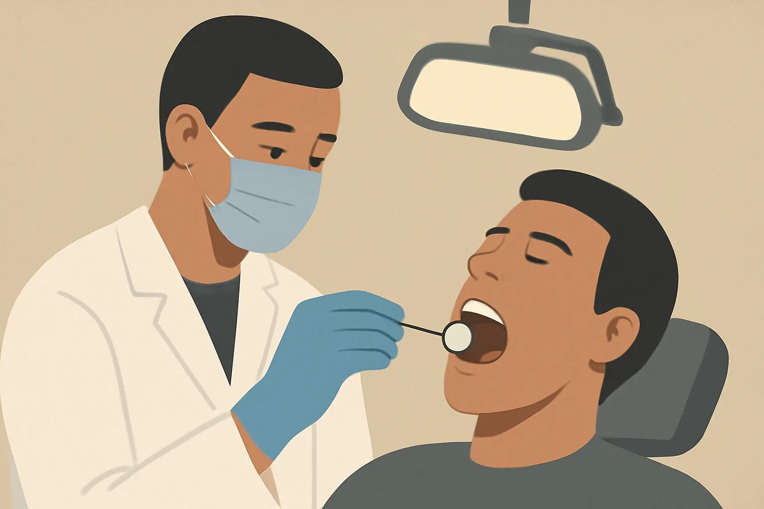 Dentista examinando a boca de um paciente com um espelho dental