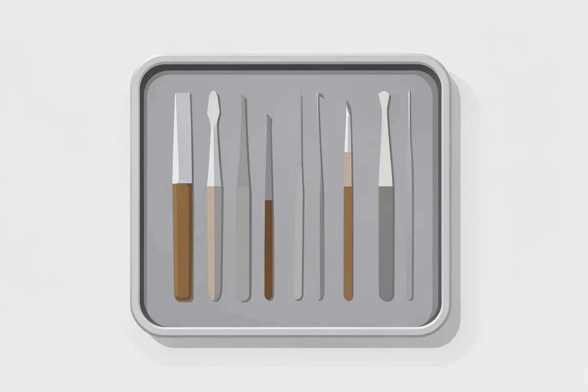 Instrumentos odontológicos alinhados sobre uma bandeja.