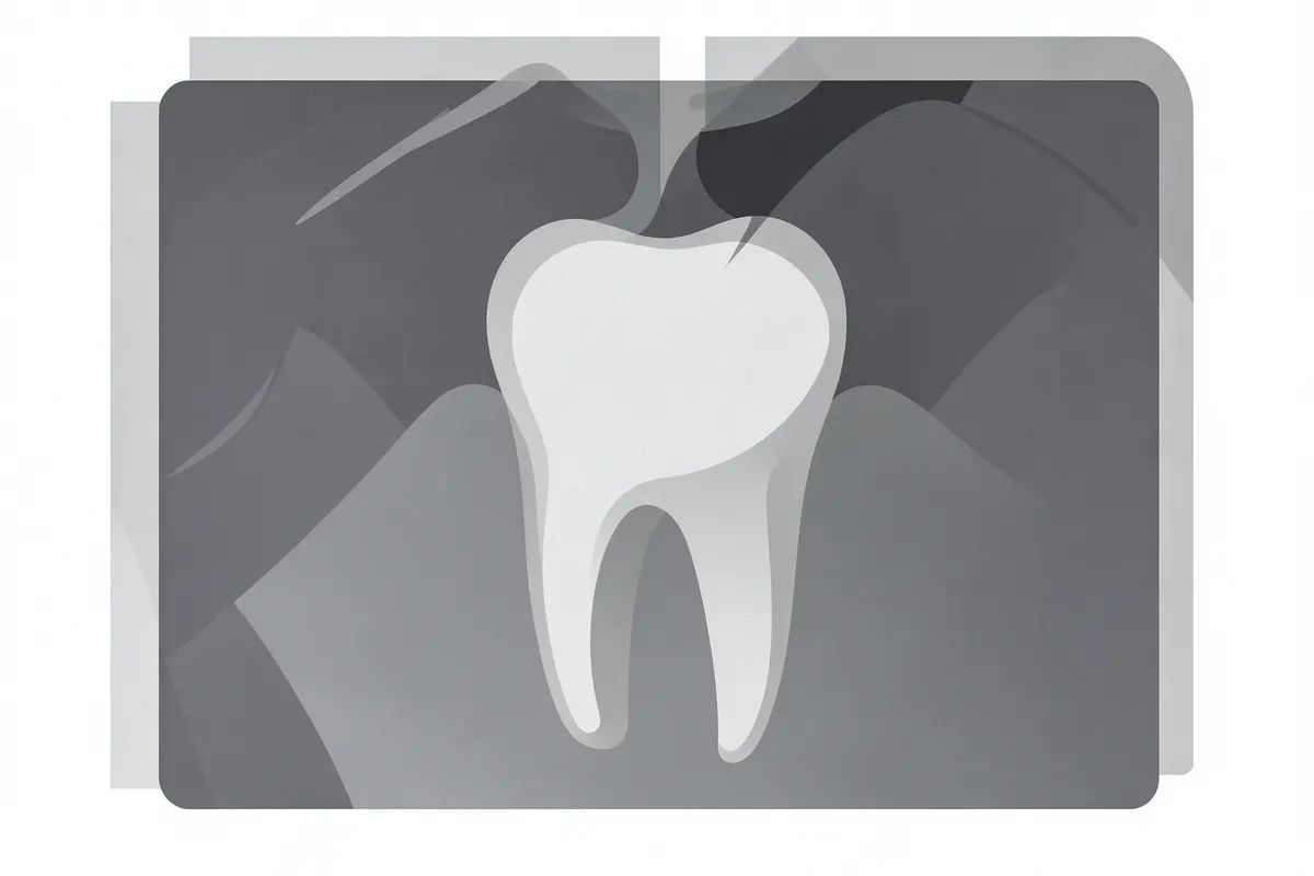 Radiografia de um dente mostrando a necessidade de tratamento de canal, com área escura indicando infecção.