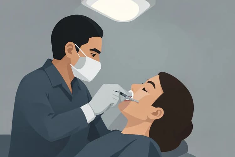 Dentista examinando um dente com instrumento odontológico, preparando para o tratamento de canal.