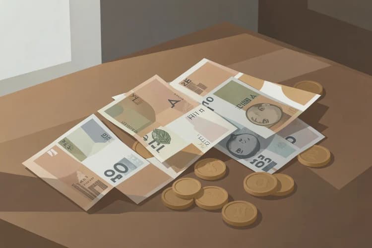 Cédulas de dinheiro e moedas sobre uma mesa, simbolizando o custo de um tratamento odontológico.