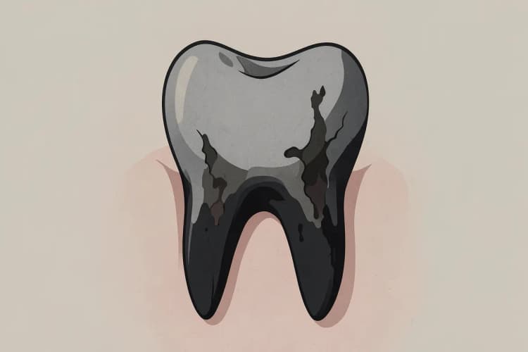 Dente cariado e escurecido, com sinais de necrose e inflamação na gengiva ao redor.