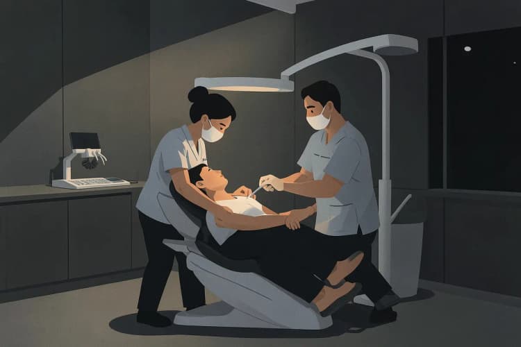 Odontologista de plantão atendendo um paciente em uma clínica moderna 24 horas.