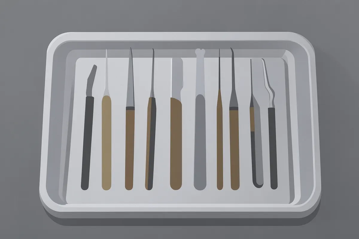 Instrumentos odontológicos esterilizados em uma bandeja