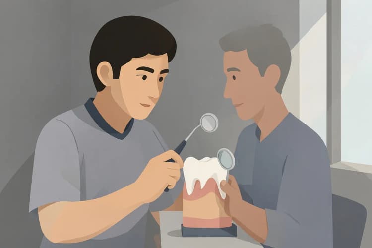 Um dentista examinando um modelo de dente com um espelho e uma sonda, em um consultório odontológico.