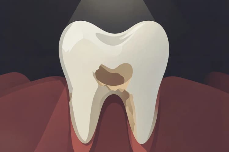 Um dente com uma cárie profunda, com sinais de inflamação ao redor da gengiva.