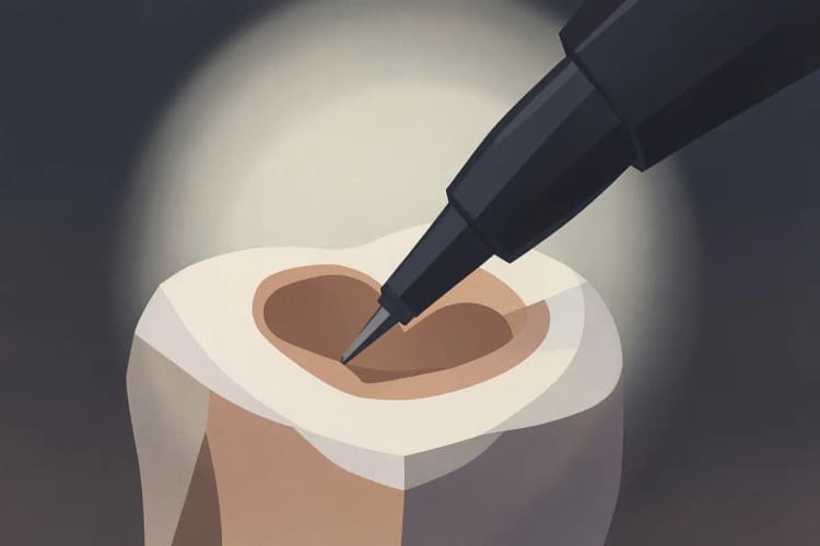 Um dente sendo tratado com instrumentos odontológicos, com foco na broca perfurando a cárie.
