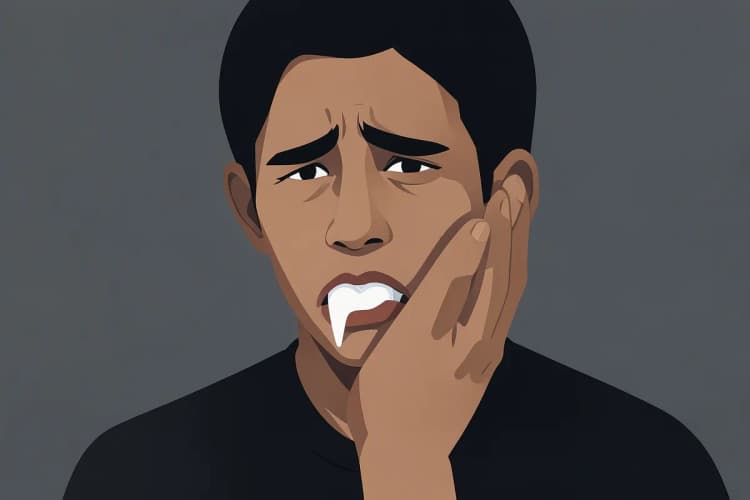 Uma pessoa com a mão na bochecha, expressando dor, com um dente visível na frente.