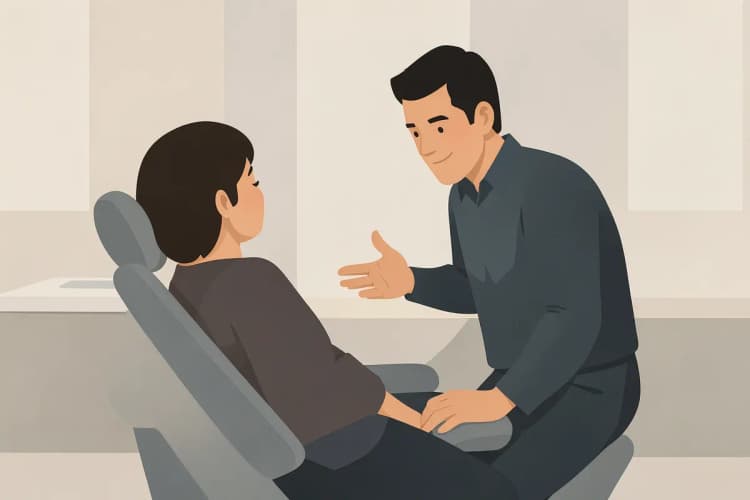 Um dentista explicando o procedimento de tratamento de canal para um paciente sentado na cadeira odontológica.